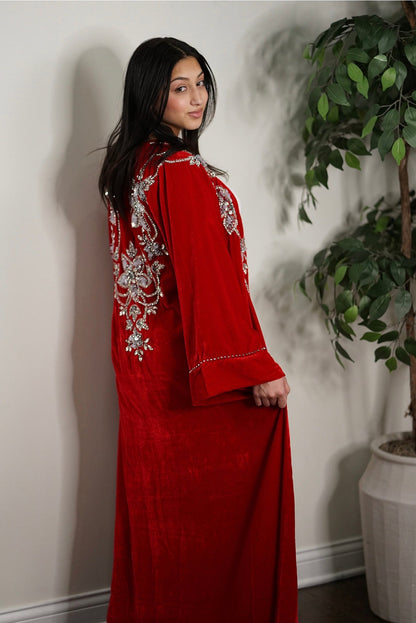 LUXURY VELVET EMBELLISHED FRONT AND BACK EVENING OPEN DUBAI ABAYA