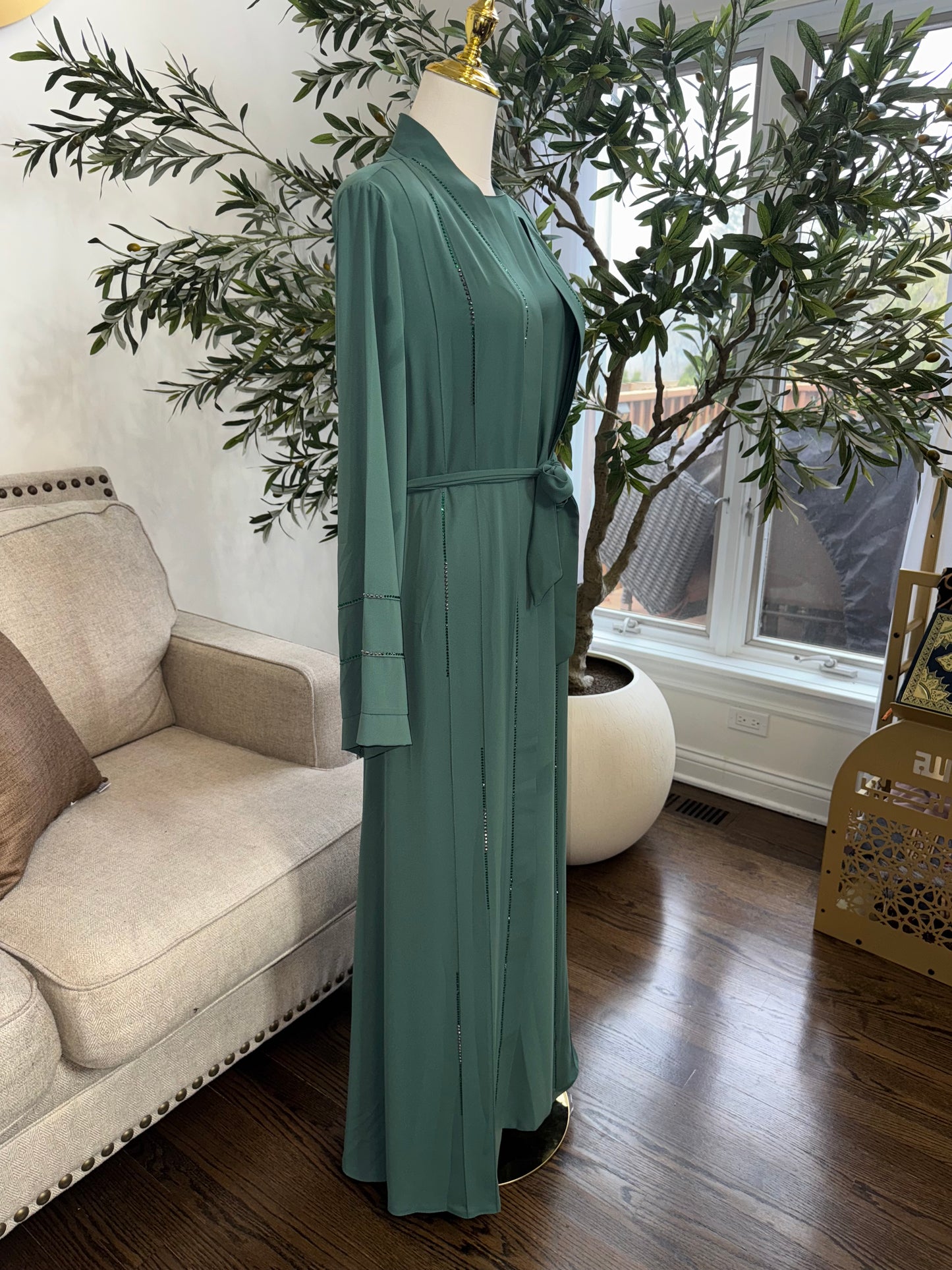 3 Pcs Elegant Rhinestone Embellished open Abaya with belt