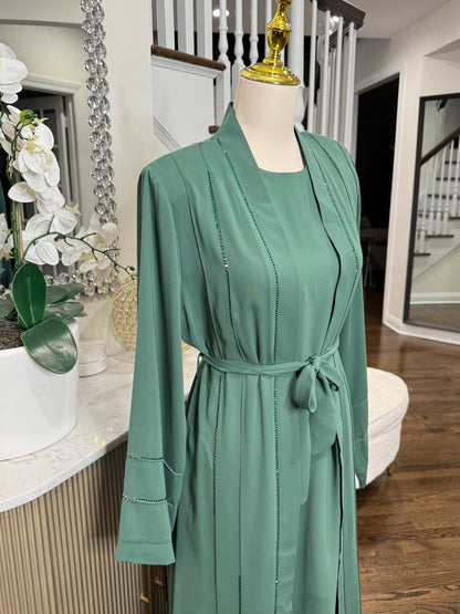 3 Pcs Teal Elegant Rhinestone Embellished open Abaya with belt