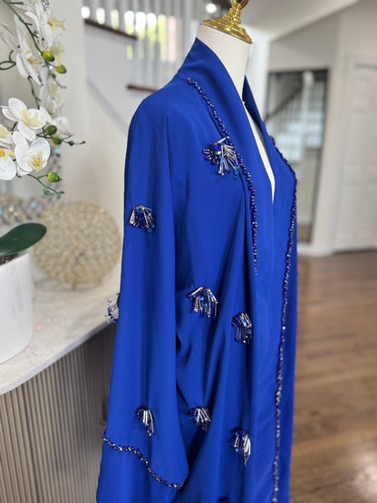 Royal Blue Embellished HandWork Beaded Open Abaya Kimono