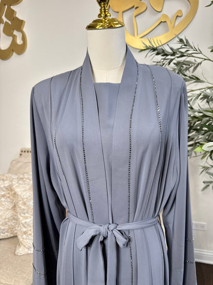 3 Pcs Elegant Rhinestone Embellished open Abaya with belt