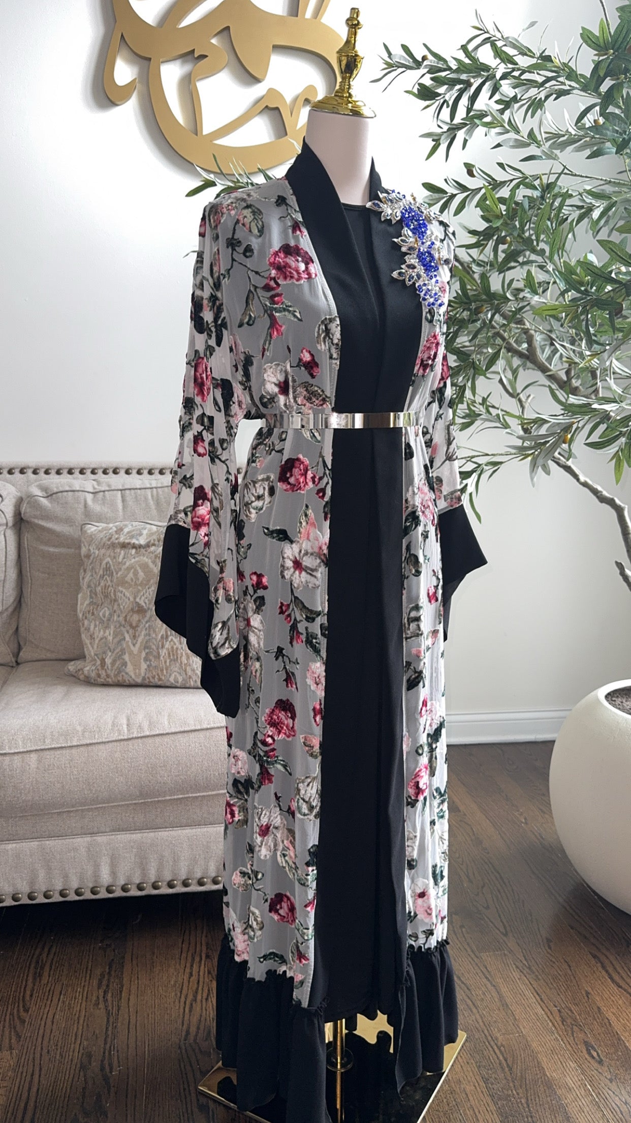 Embellished light Blue Velvet Bloom Chiffon Open Abaya