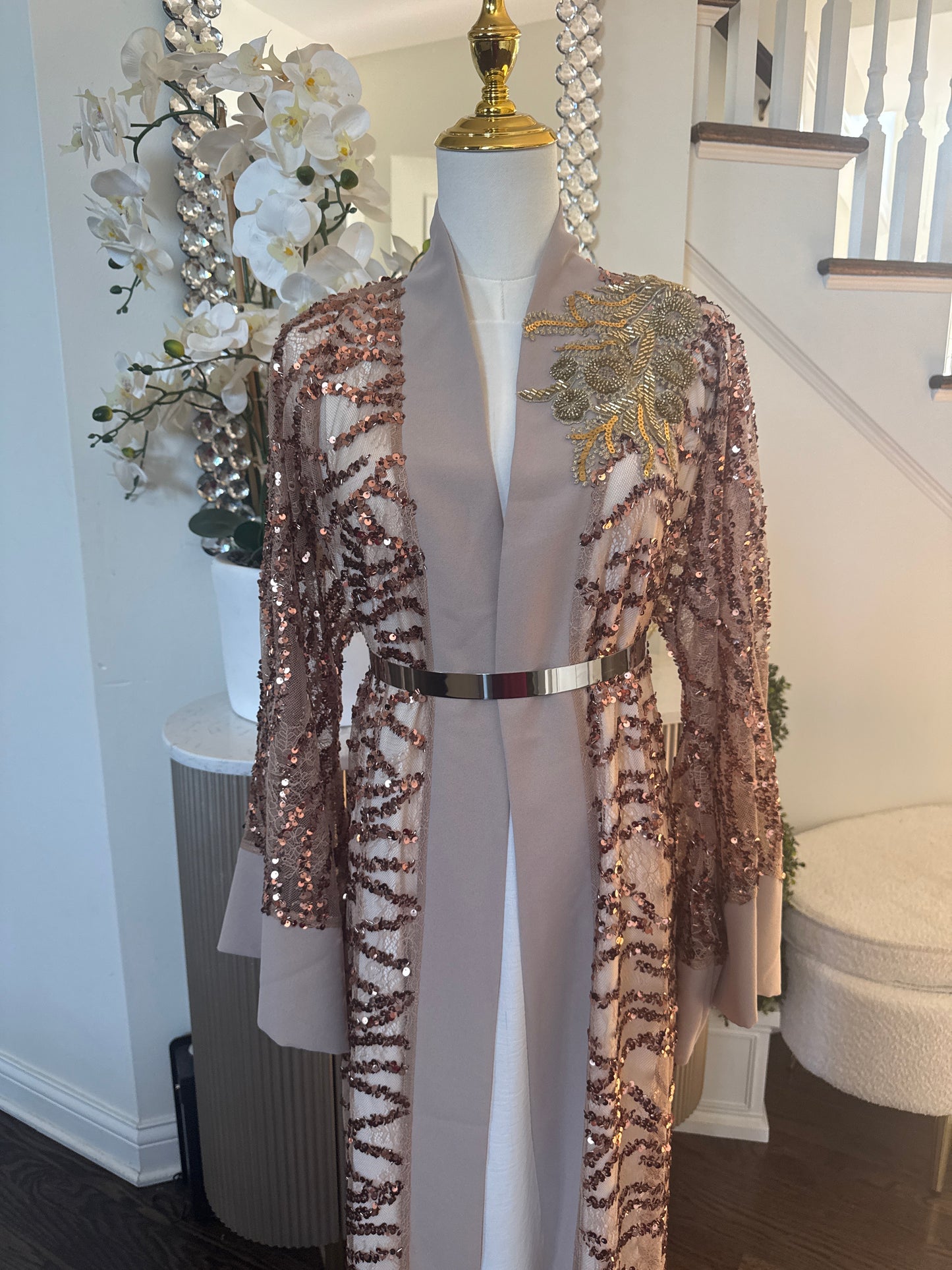 Golden Sequence Elegance Ruffled Open Abaya