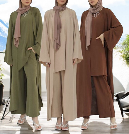 3 Pieces Set Plain Open Abaya Top and Pants Suit Sets