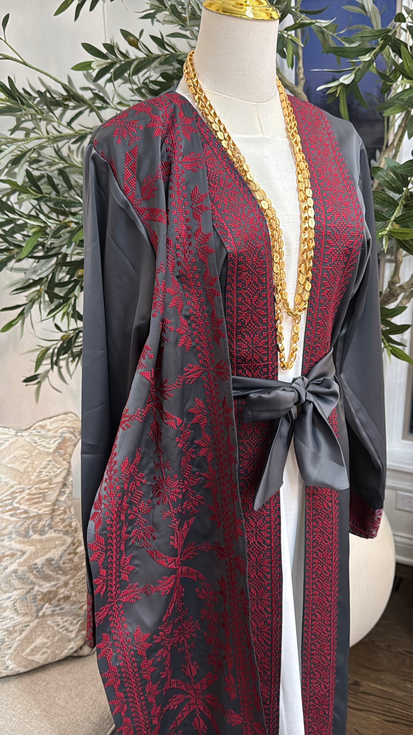 Luxury Charcoal Abaya with Red Embroidery Tatreez Thobe