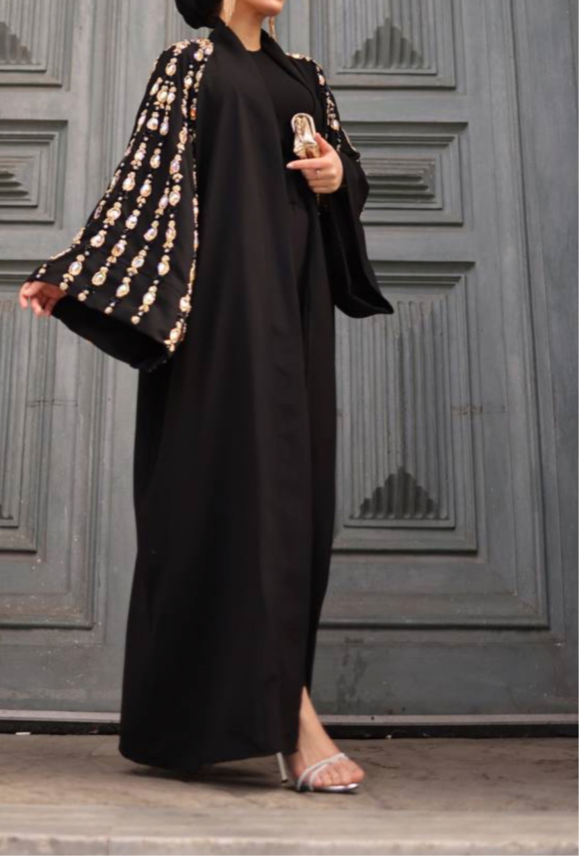 Embellished Open Abaya With Handwork  Multicolors Glass Beads On wide Sleeves