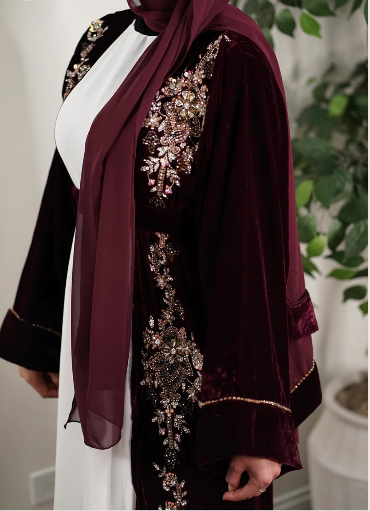 Wine maroon 3 pc set Embellished beaded velvet Abaya (A6)