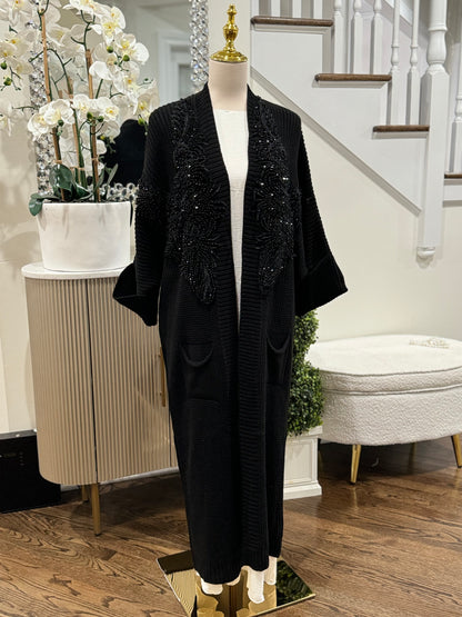 Embellished Beaded Knit Long Cardigan Jacket