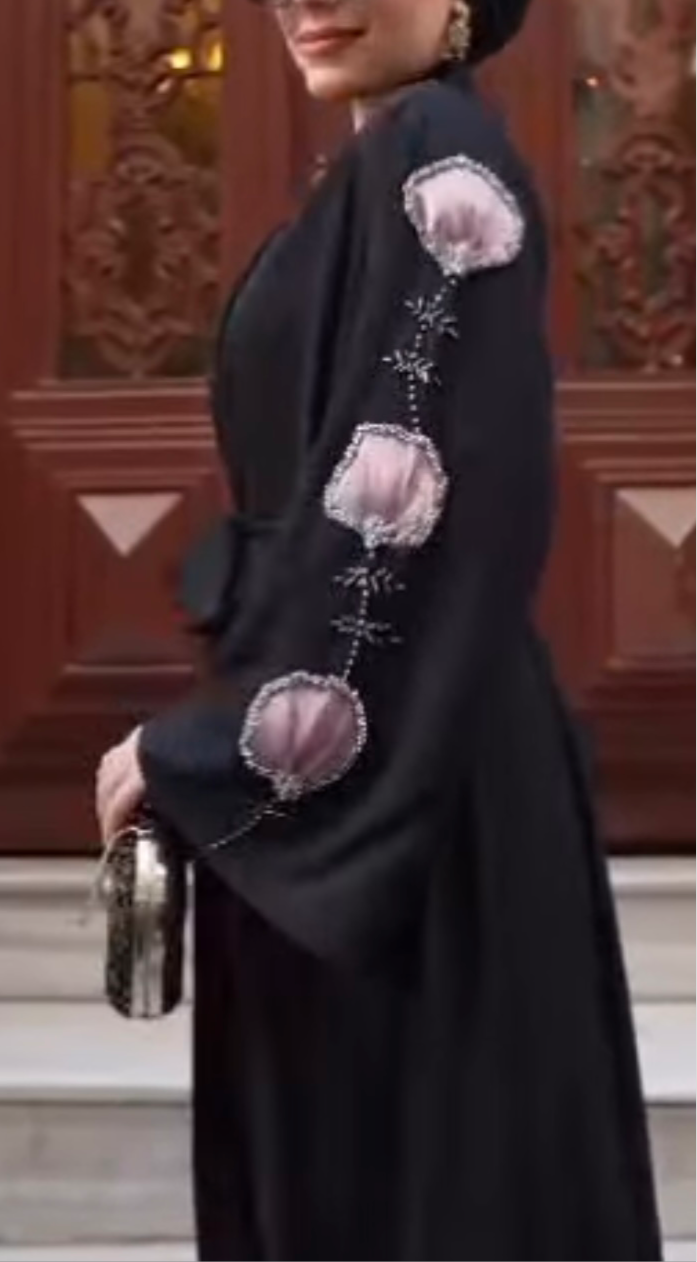 Black Embellished Organza Handwork Flower Abaya set