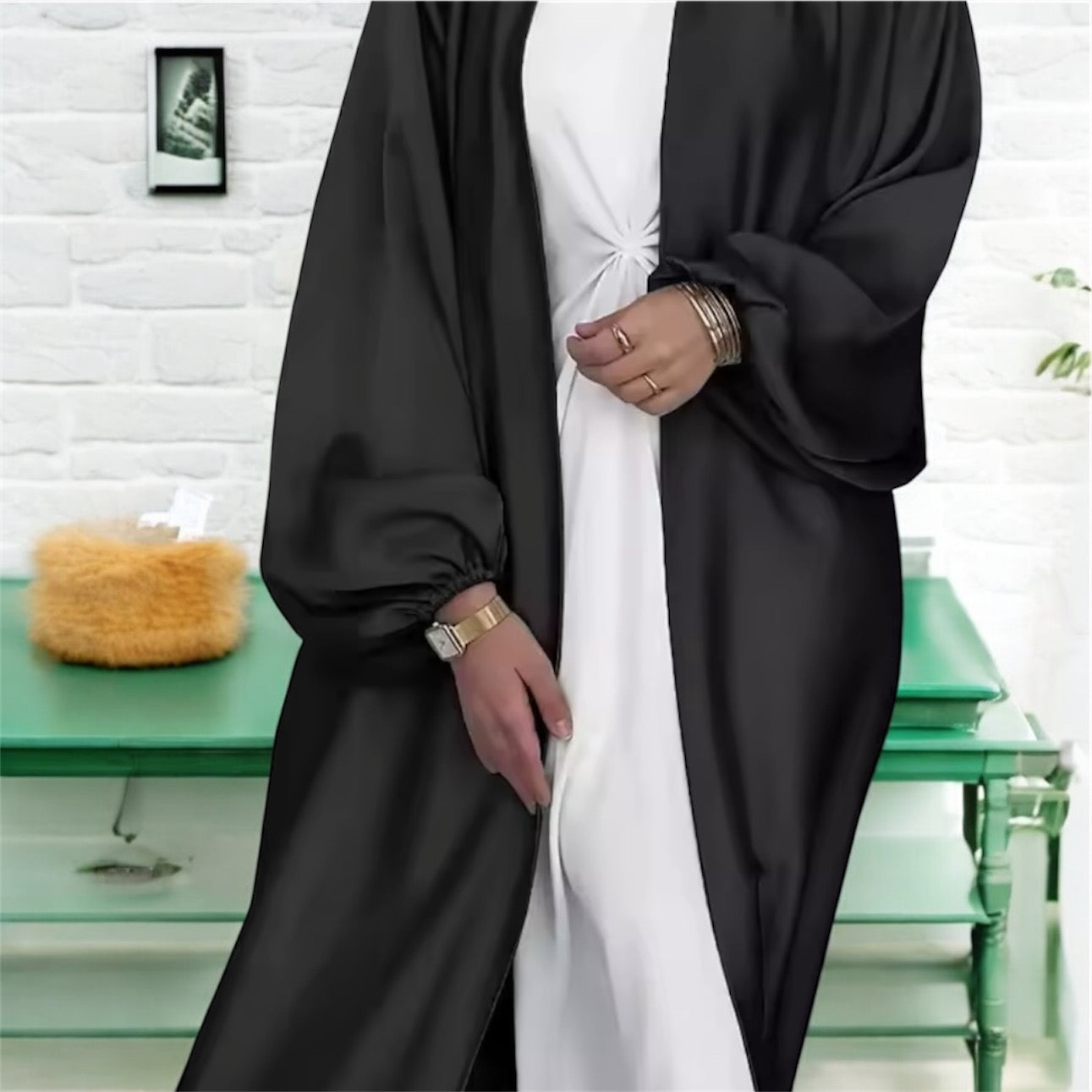 Satin Kimono Cardigan Bubble Sleeves Abaya