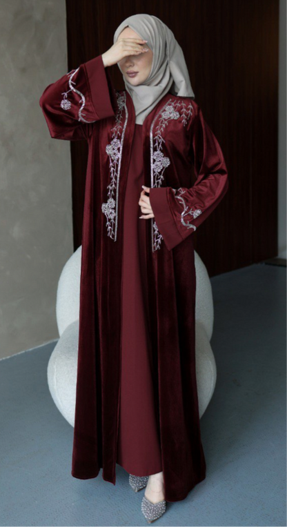 Velvet abaya Set with embroidered silver beads