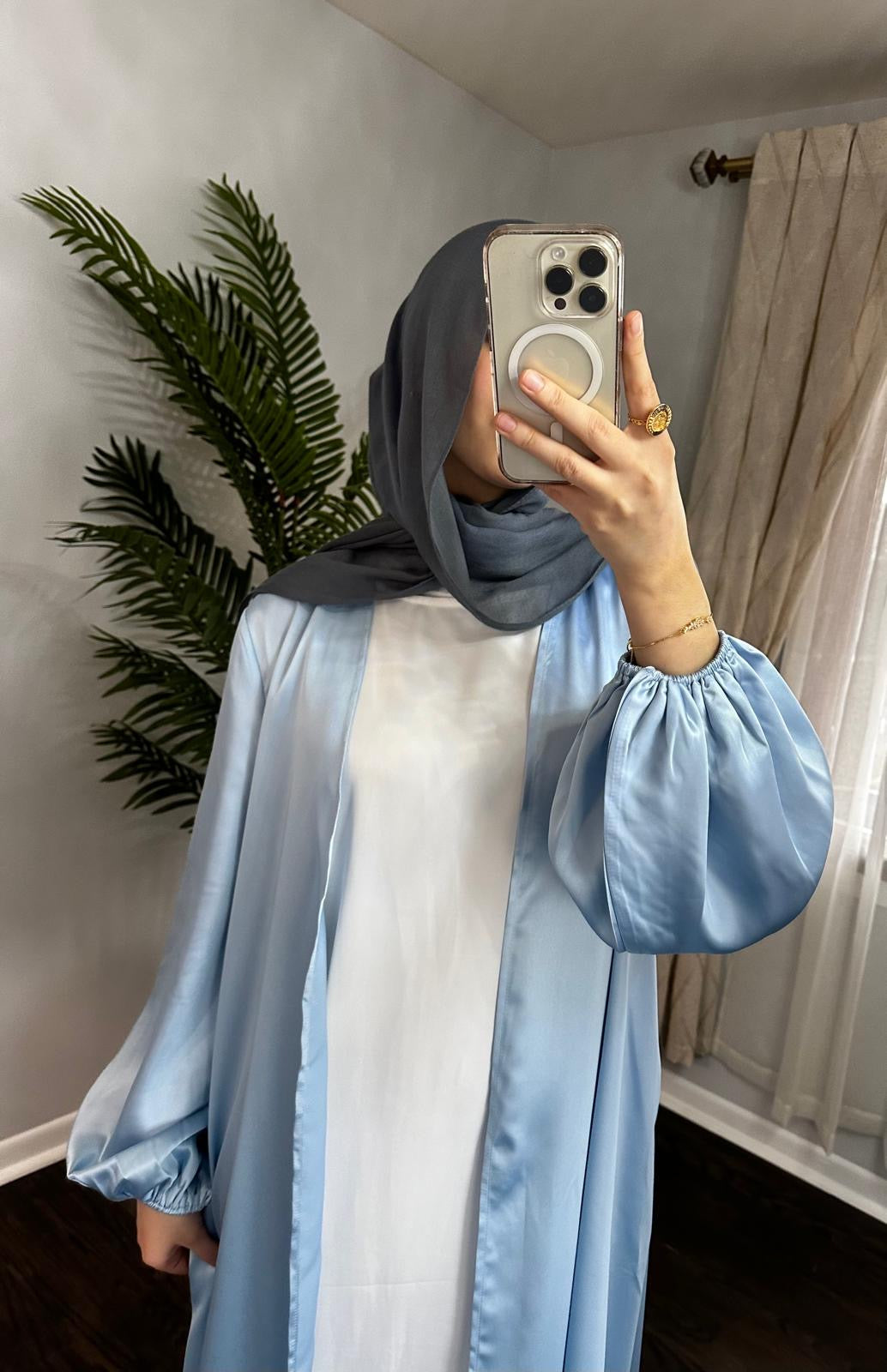 Satin Kimono Cardigan Bubble Sleeves Abaya