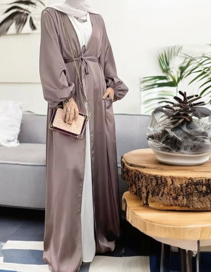 Satin Kimono Cardigan Bubble Sleeves Abaya
