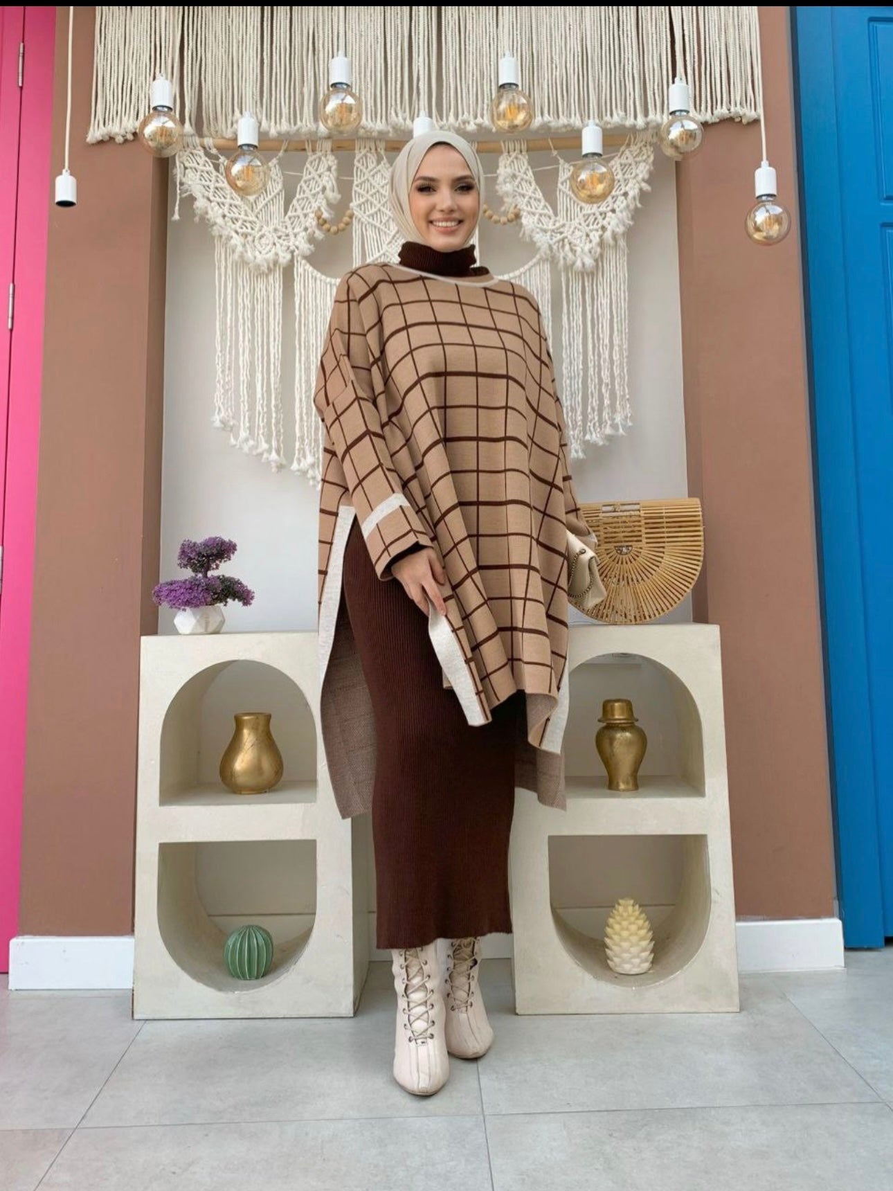 PLAID PATTERN Knitwear Open Slit Sweater Top