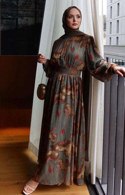 Olive Silk-Touch Bishop Sleeve Dress