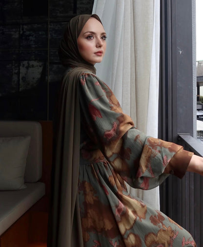 Olive Silk-Touch Bishop Sleeve Dress