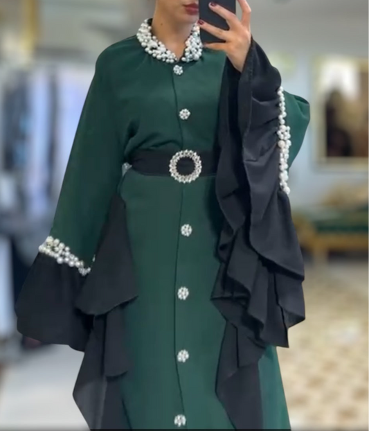 Stunning Pearls/ crystal Neckline Forest Green Dress Abaya