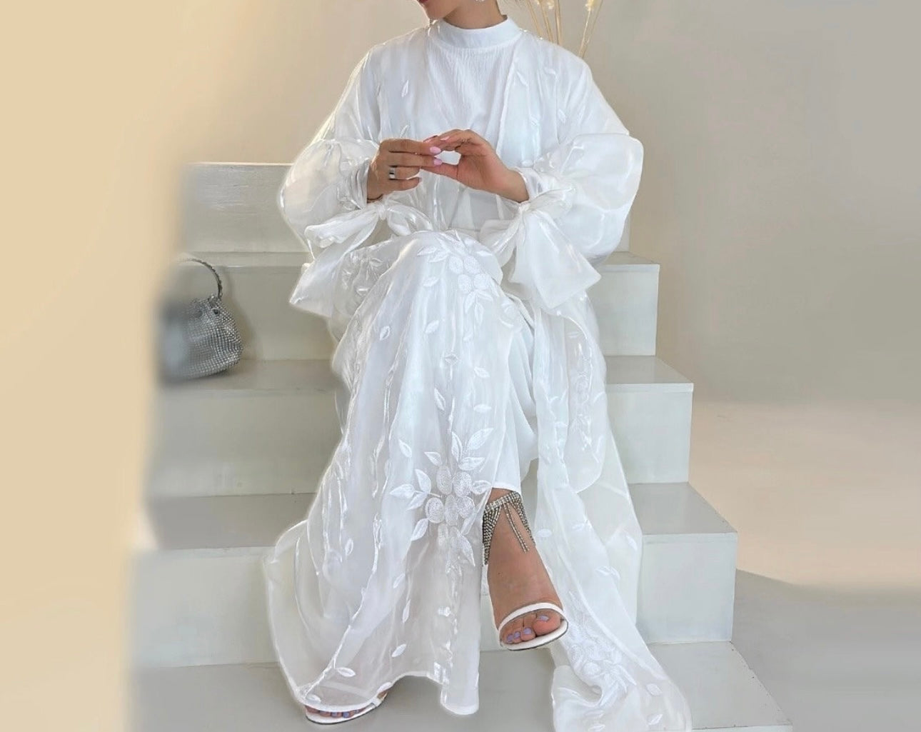 White Sheer Organza Embroidery Abaya