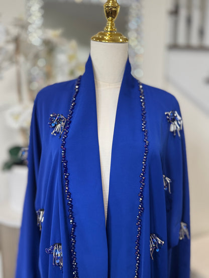 Royal Blue Embellished HandWork Beaded Open Abaya Kimono