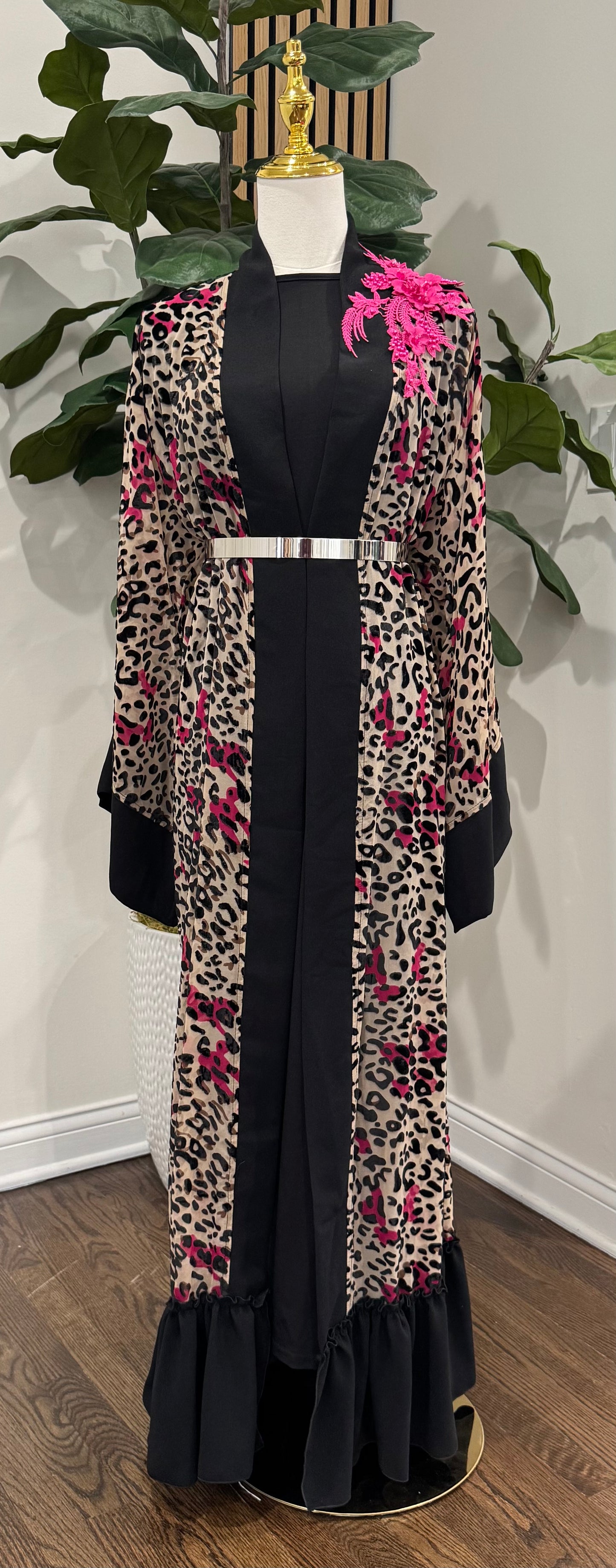 Leopard / Cheetah Tulle Velvet Prints Open Abaya