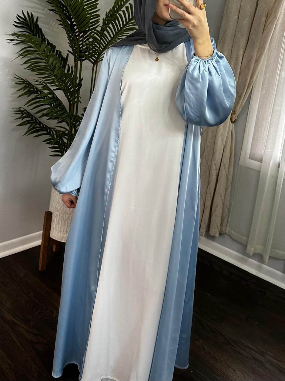 Satin Kimono Cardigan Bubble Sleeves Abaya