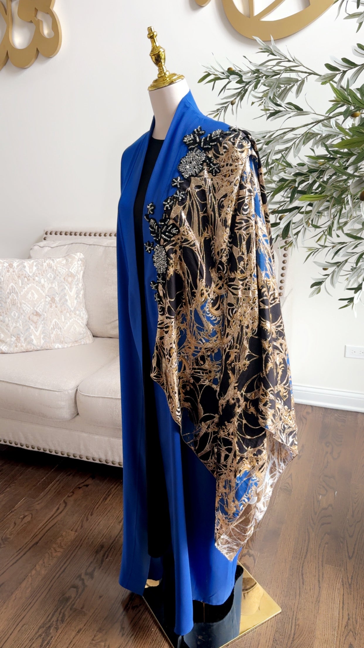 Navy blue Embroidered Embellished Draped shawl Open Abaya