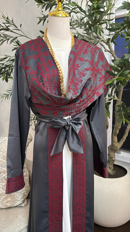 Luxury Charcoal Abaya with Red Embroidery Tatreez Thobe