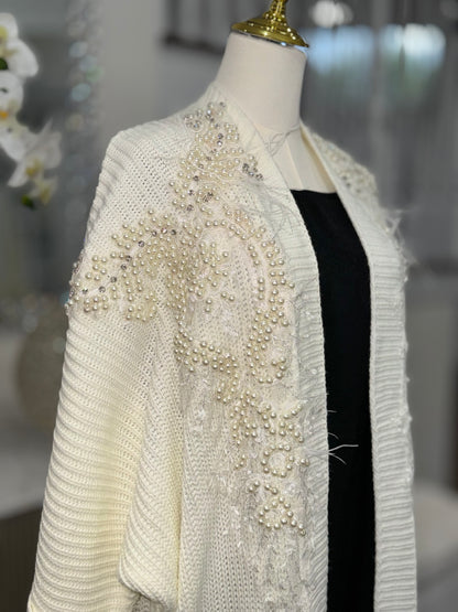 Feather-Embellished Pearls Knit Long Cardigan