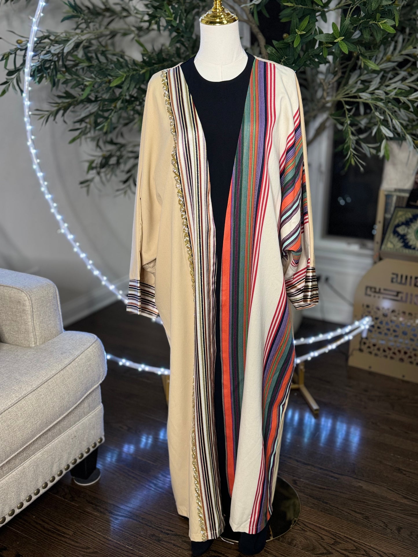 Butterfly oversized Crystal Beaded Modest traditional fabric shamigh Bisht Abaya set