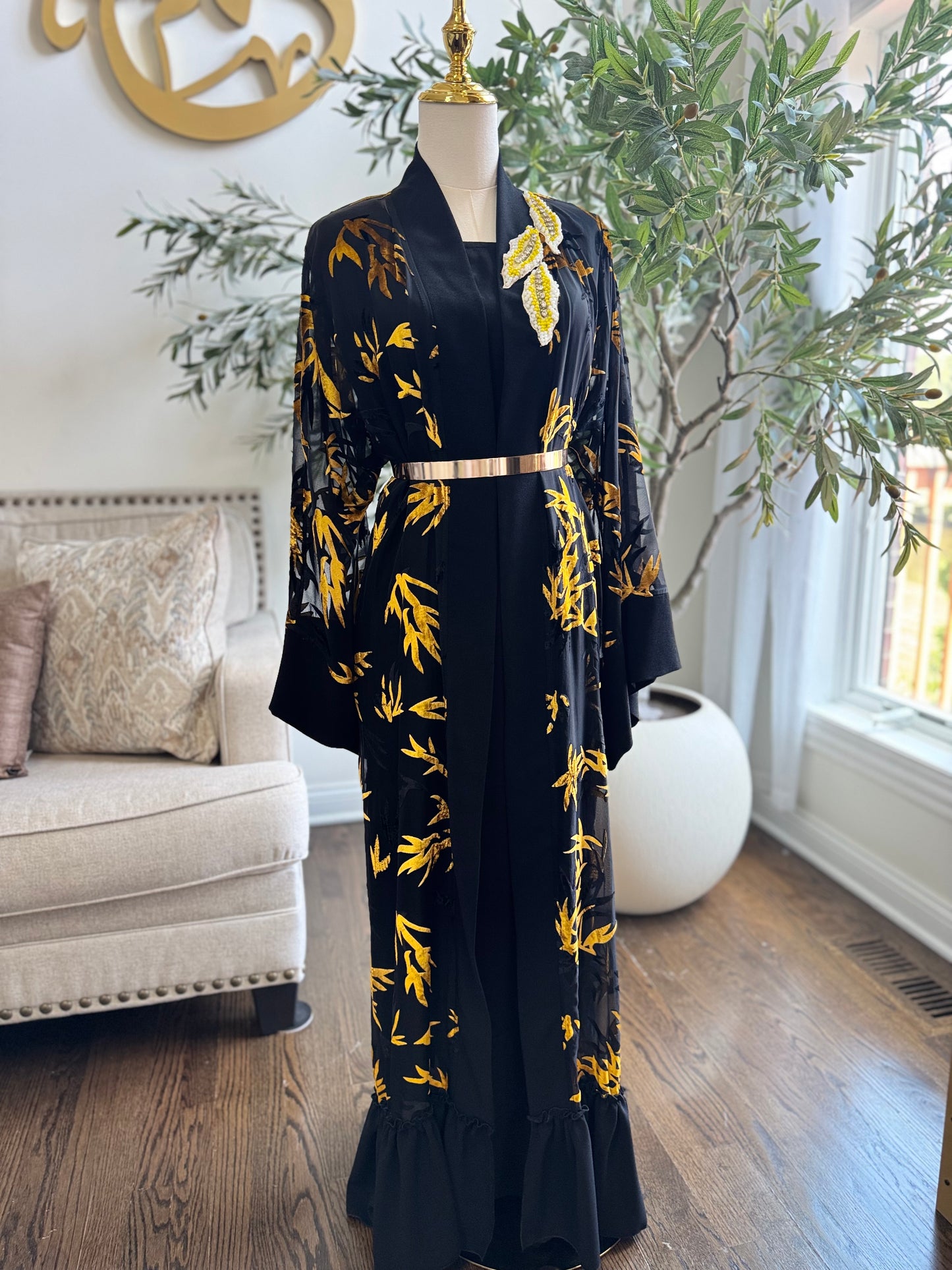 Chiffon velvet printed open abaya
