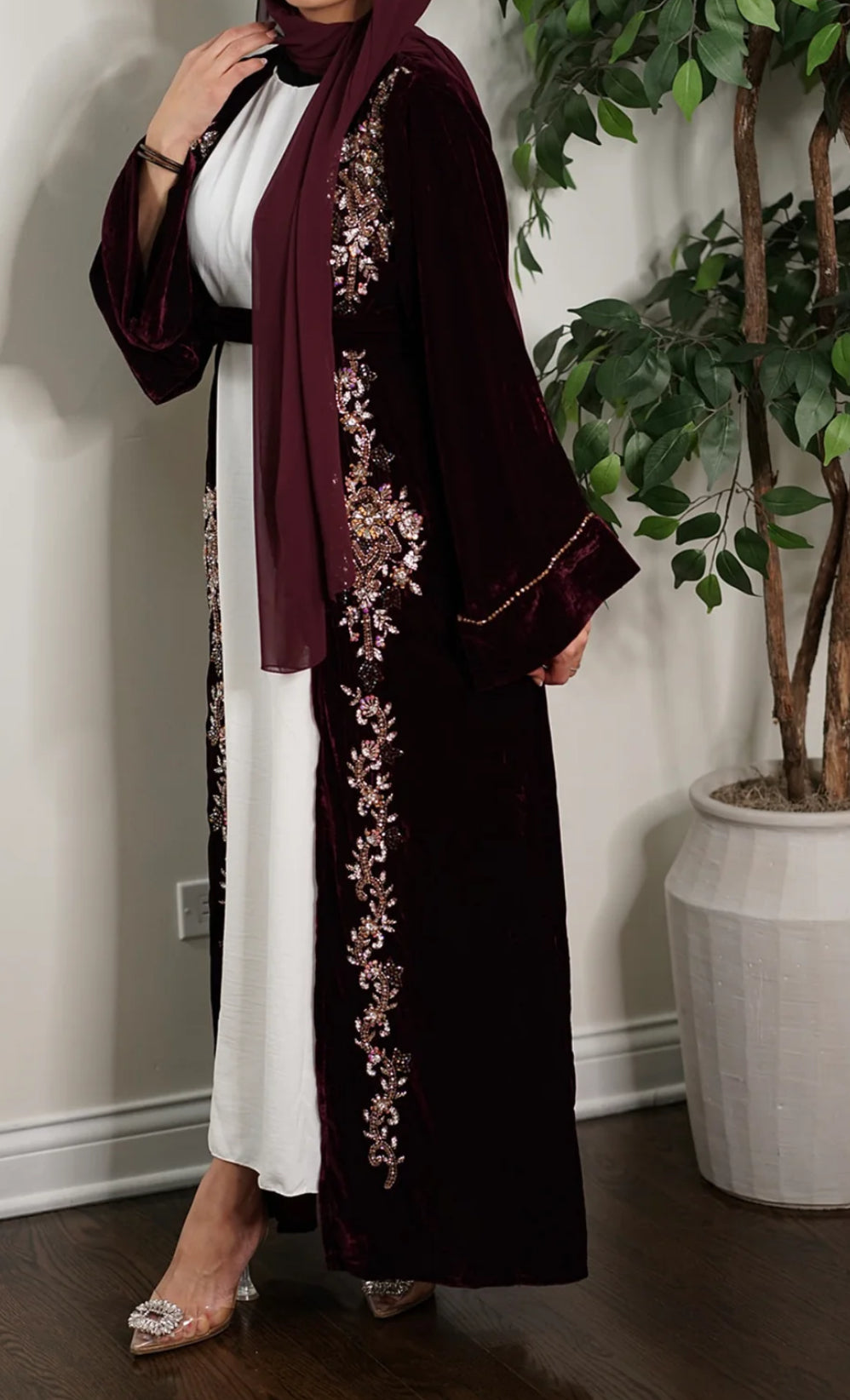 Wine maroon 3 pc set Embellished beaded velvet Abaya (A6)