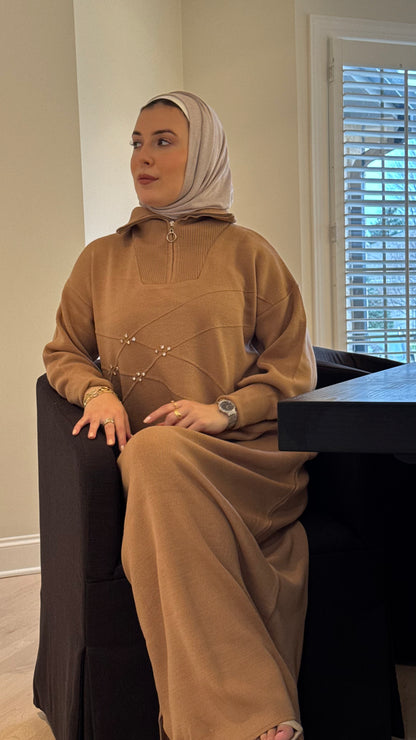 Chic Embellished Camel color Knit Maxi Relaxed Long Winter