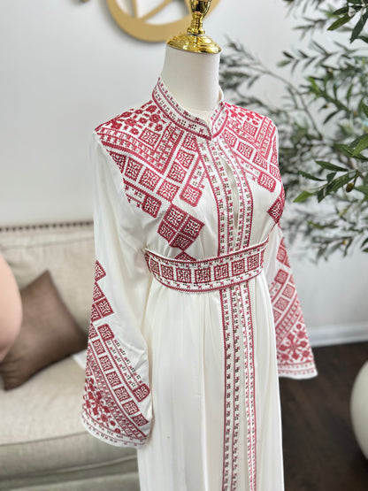 3 pcs Palestinian traditional white embroidered tatreez open abaya Thobe