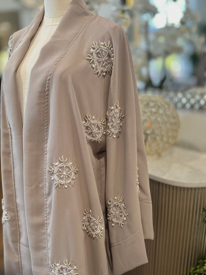 Embellished Handwork Beaded Gray Open Abaya Wide Sleeves