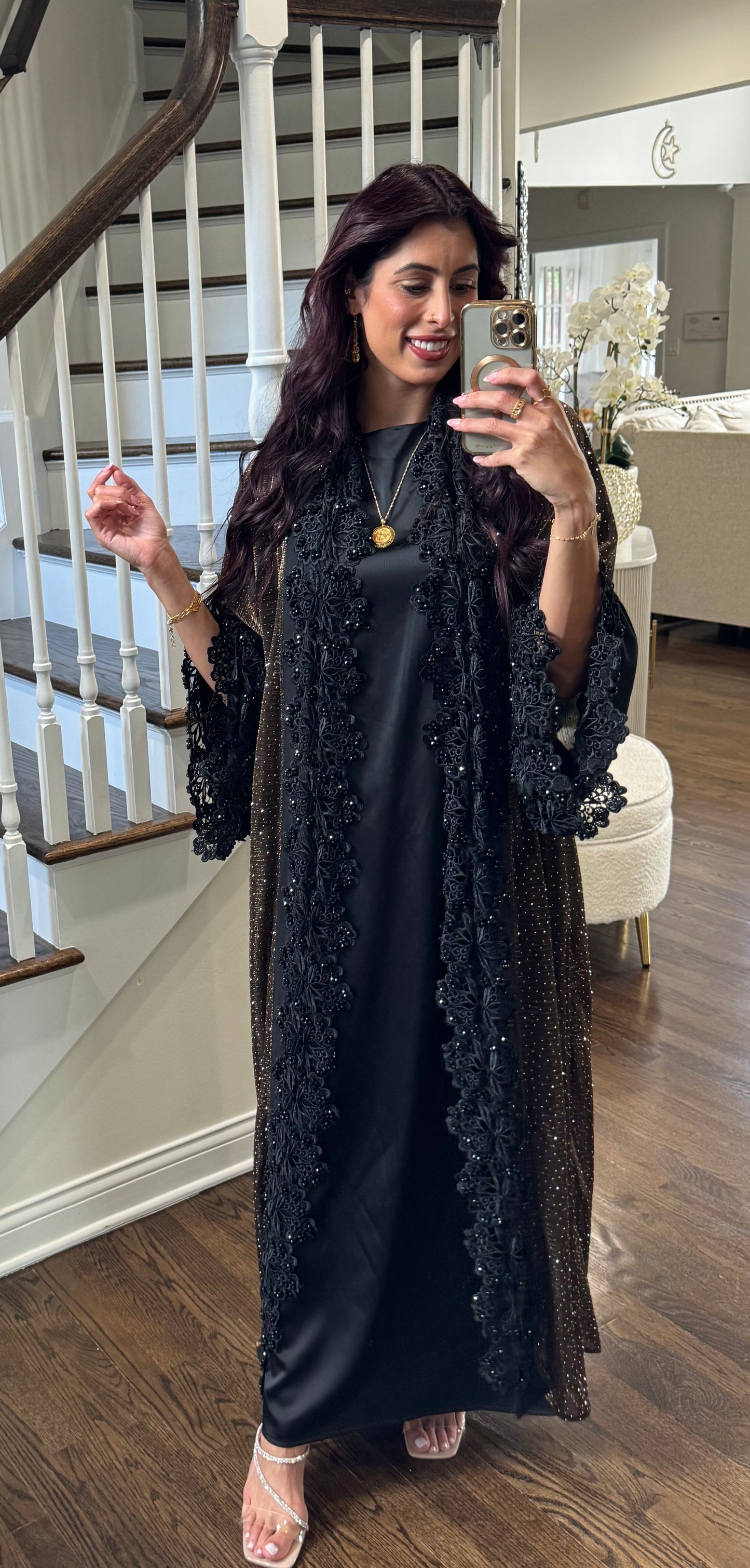 Midnight Lace Open Abaya with Stressed Detailing