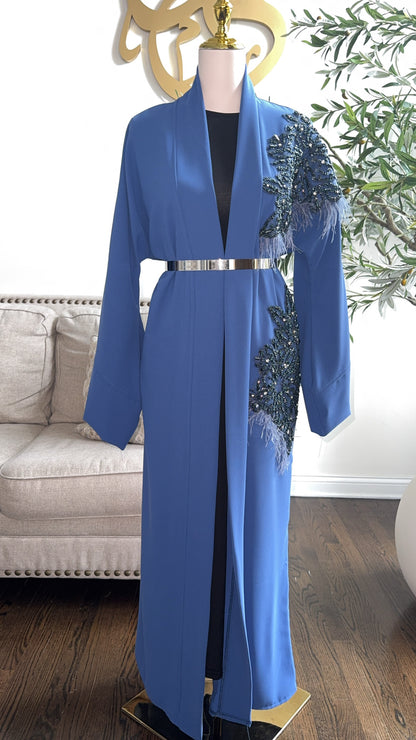 Royal blue Embroidered Embellished Feather Open Abaya