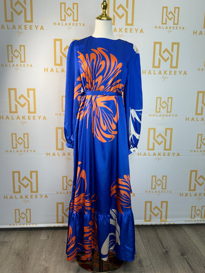 Modest Maxi Floral Satin Dress With Belt