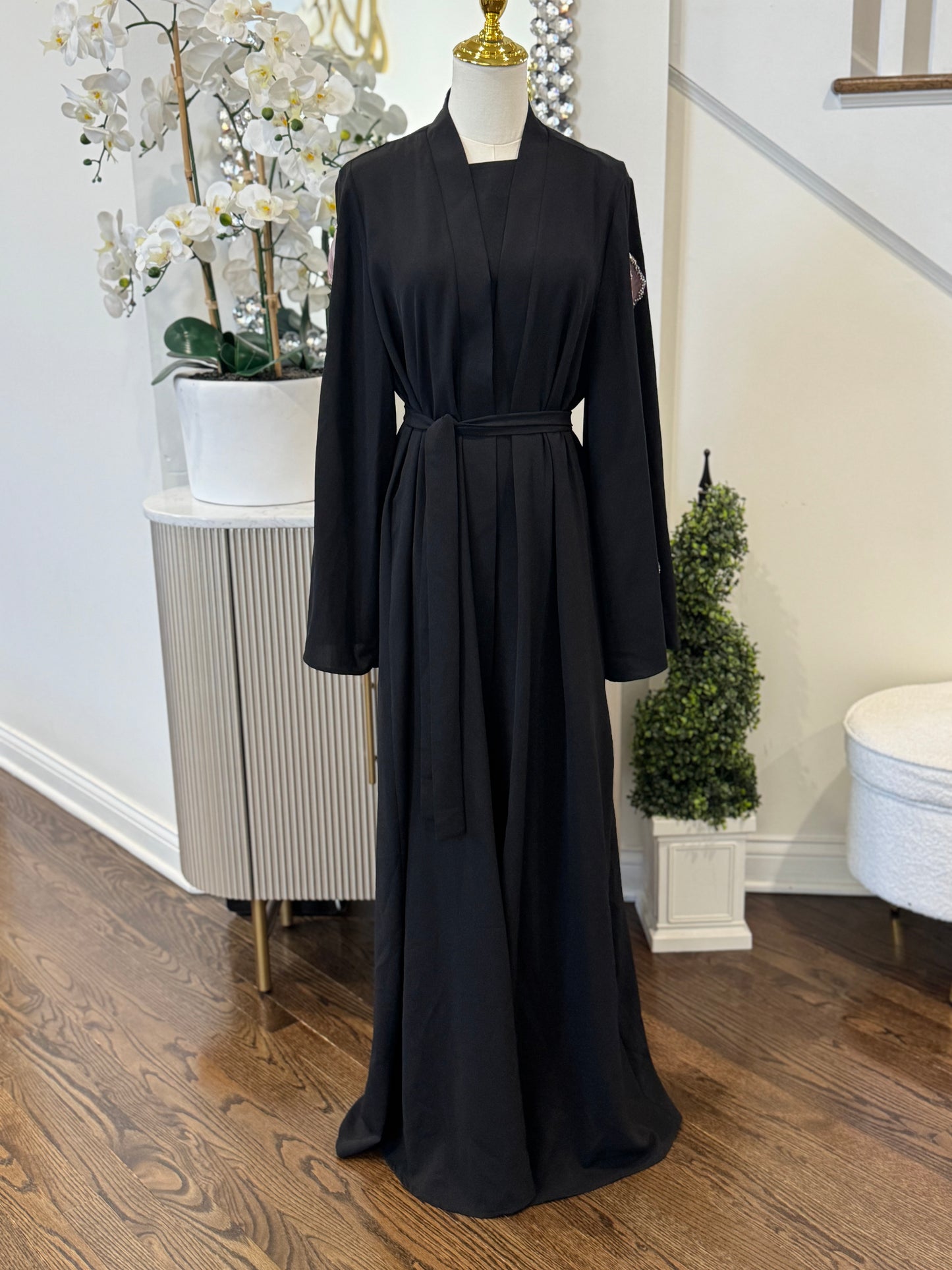 Black Embellished Organza Handwork Flower Abaya set