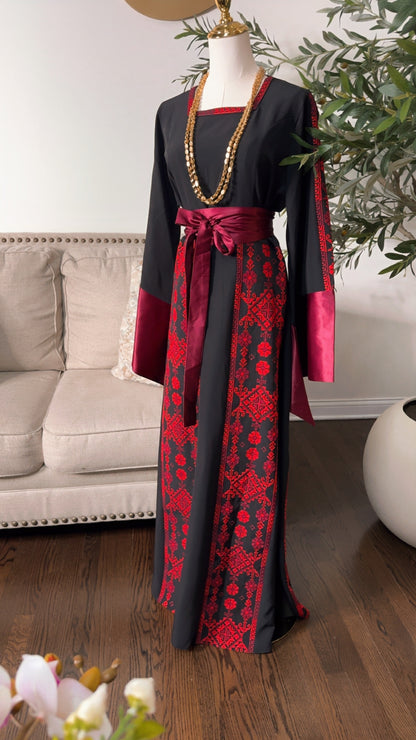 Palestinian Tatreez Thobe Wide Satin Sleeves 4 panels embroidered