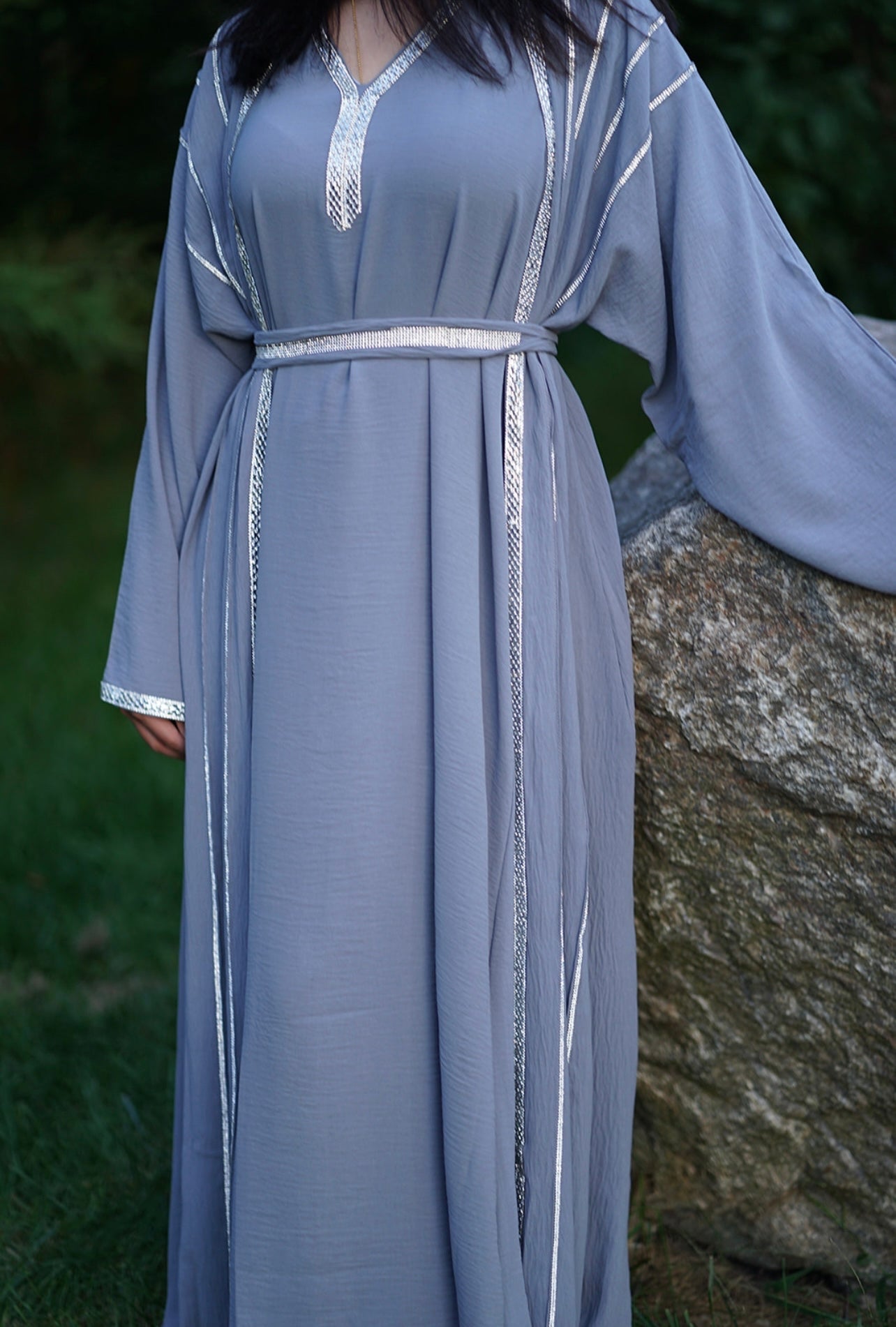 4 PIECE EMBELLISHED OPEN ABAYA WITH BELT, HIJAB AND INNER DRESS