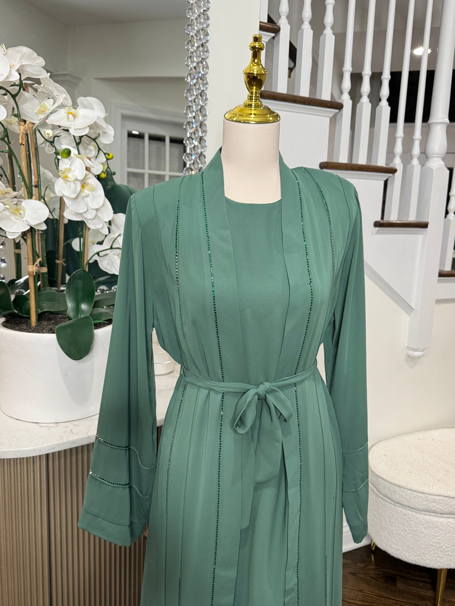 3 Pcs Teal Elegant Rhinestone Embellished open Abaya with belt