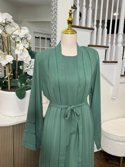 3 Pcs Teal Elegant Rhinestone Embellished open Abaya with belt