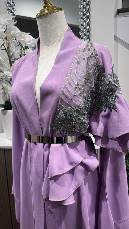 Elegant Ruffed Embellished lavander open abaya