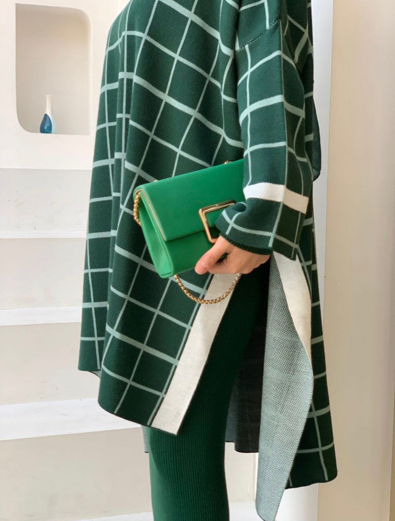 PLAID PATTERN Knitwear Open Slit Sweater Top
