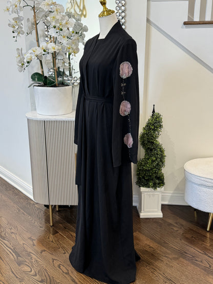 Black Embellished Organza Handwork Flower Abaya set