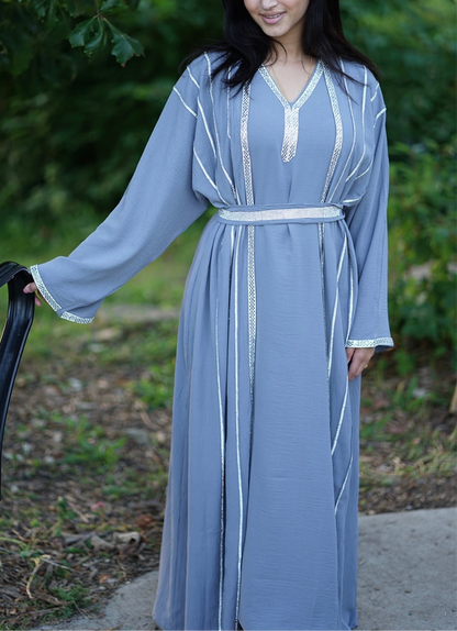 4 PIECE EMBELLISHED OPEN ABAYA WITH BELT, HIJAB AND INNER DRESS