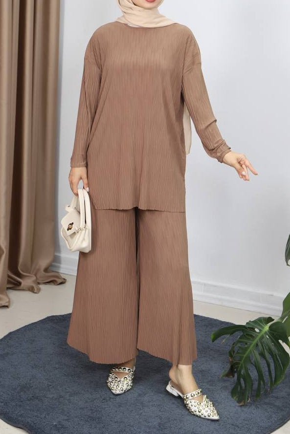 2 pcs Lycra pleated  wide casual solid color pants set