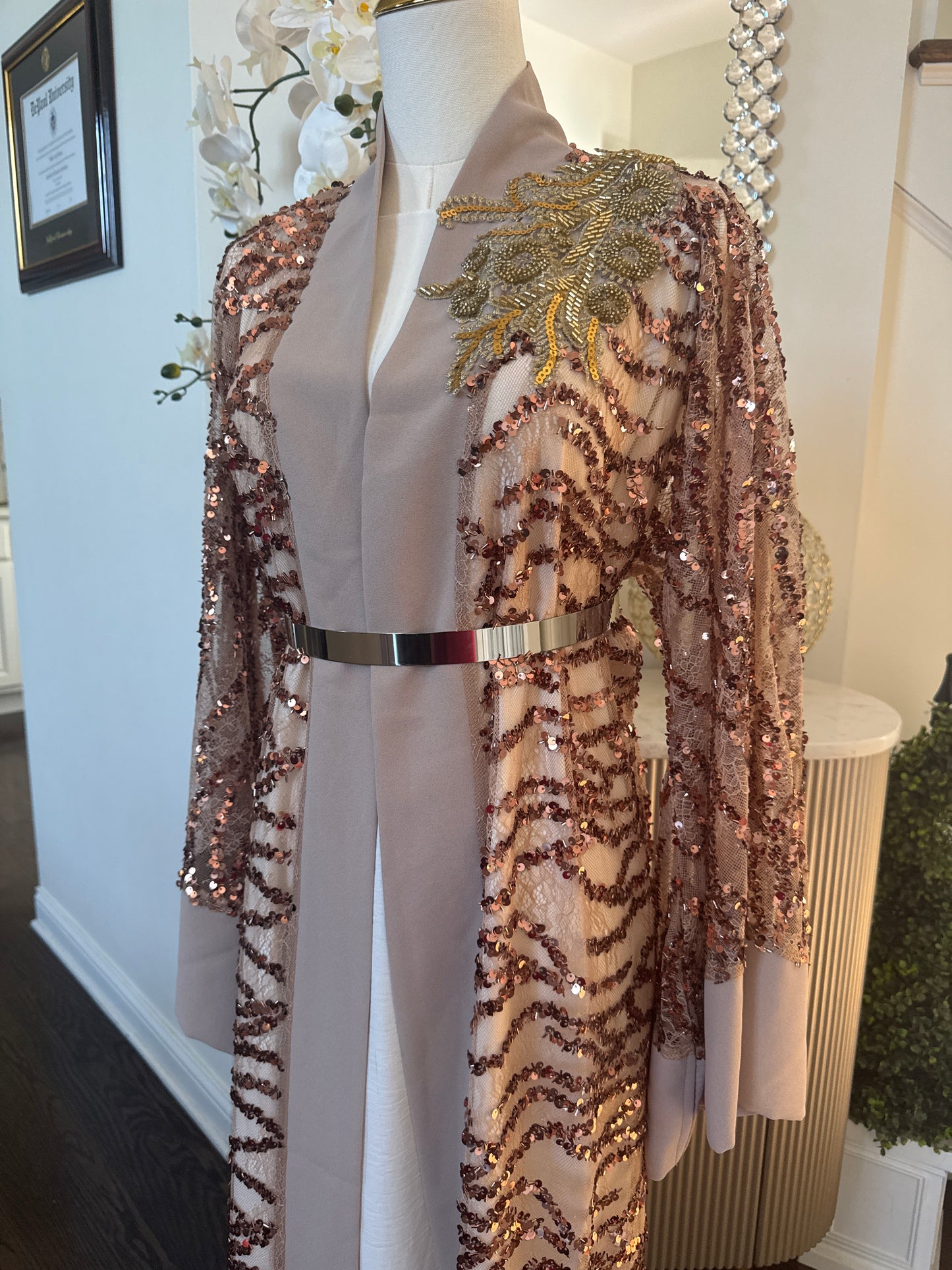 Golden Sequence Elegance Ruffled Open Abaya