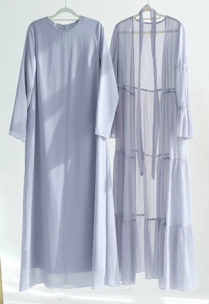 2-Piece Puff Sleeves Chiffon Abaya Set with Belt