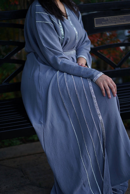 4 PIECE EMBELLISHED OPEN ABAYA WITH BELT, HIJAB AND INNER DRESS